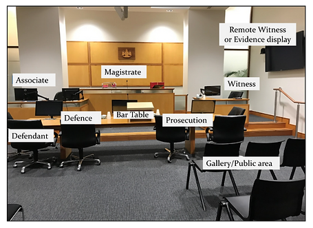 A courtroom layout: public gallery in front, defense on left, prosecution on right, Magistrate, Associate, Witness desks at front, TV screen right.